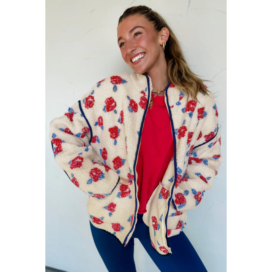 White Floral Print Zipper Stand Neck Outerwear Fleece Coat Outerwear/Coats