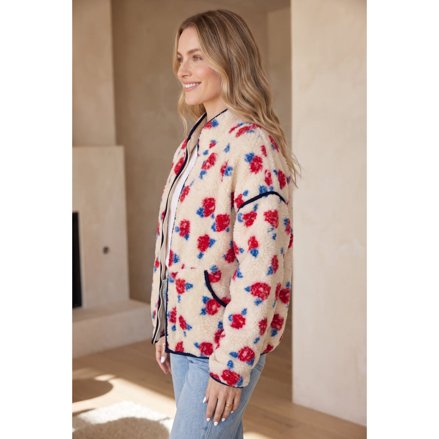 White Floral Print Zipper Stand Neck Outerwear Fleece Coat Outerwear/Coats