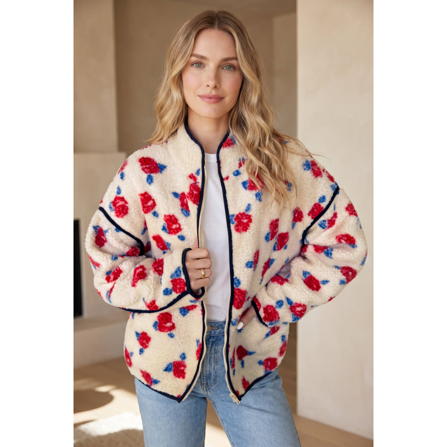 White Floral Print Zipper Stand Neck Outerwear Fleece Coat Outerwear/Coats