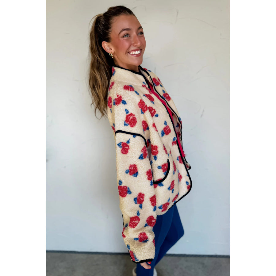 White Floral Print Zipper Stand Neck Outerwear Fleece Coat Outerwear/Coats