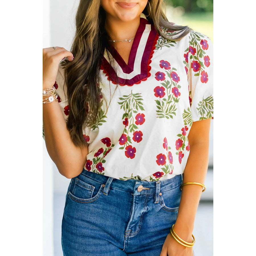 White Floral Short Bubble Sleeve Contrast Slit Neckline Blouse White / S / 100% Cotton Tops/Blouses & Shirts