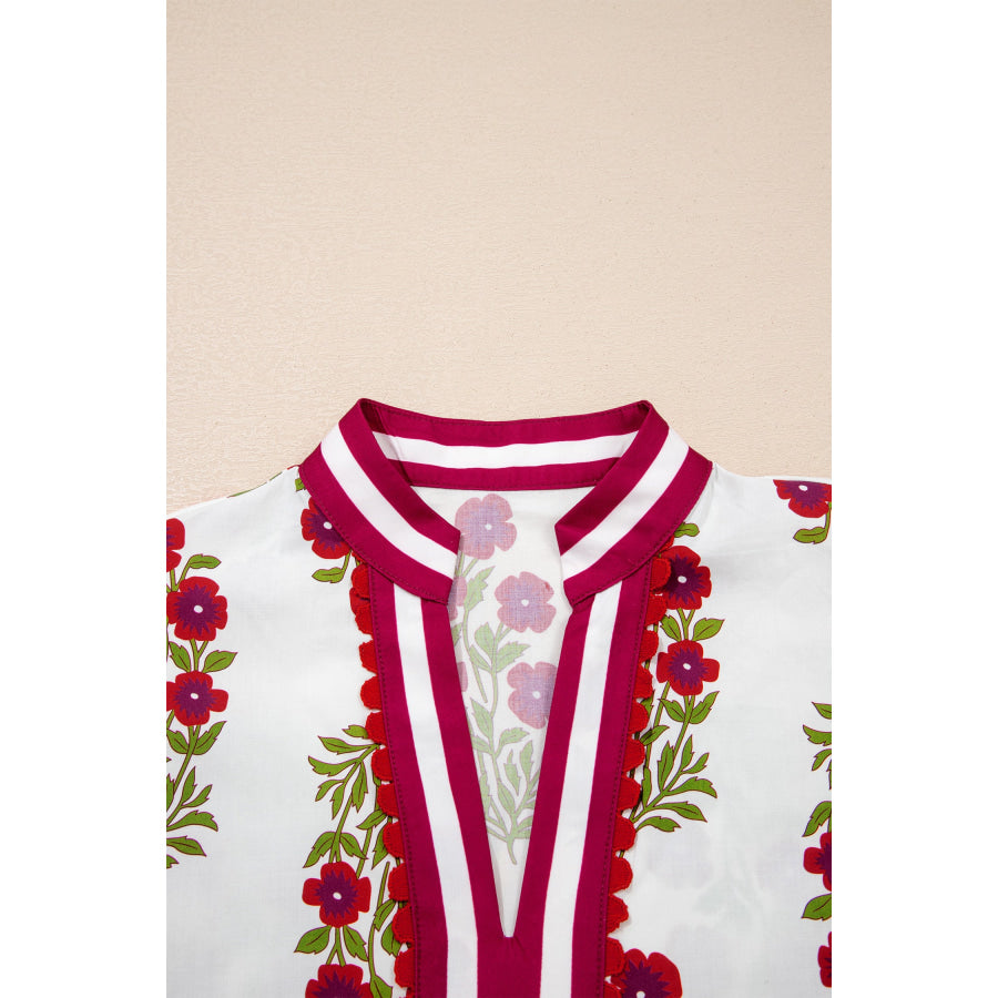 White Floral Short Bubble Sleeve Contrast Slit Neckline Blouse Tops/Blouses & Shirts