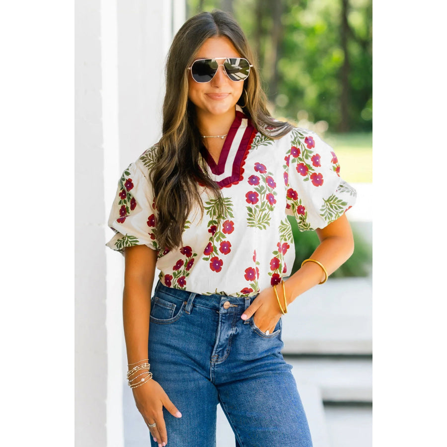 White Floral Short Bubble Sleeve Contrast Slit Neckline Blouse Tops/Blouses & Shirts