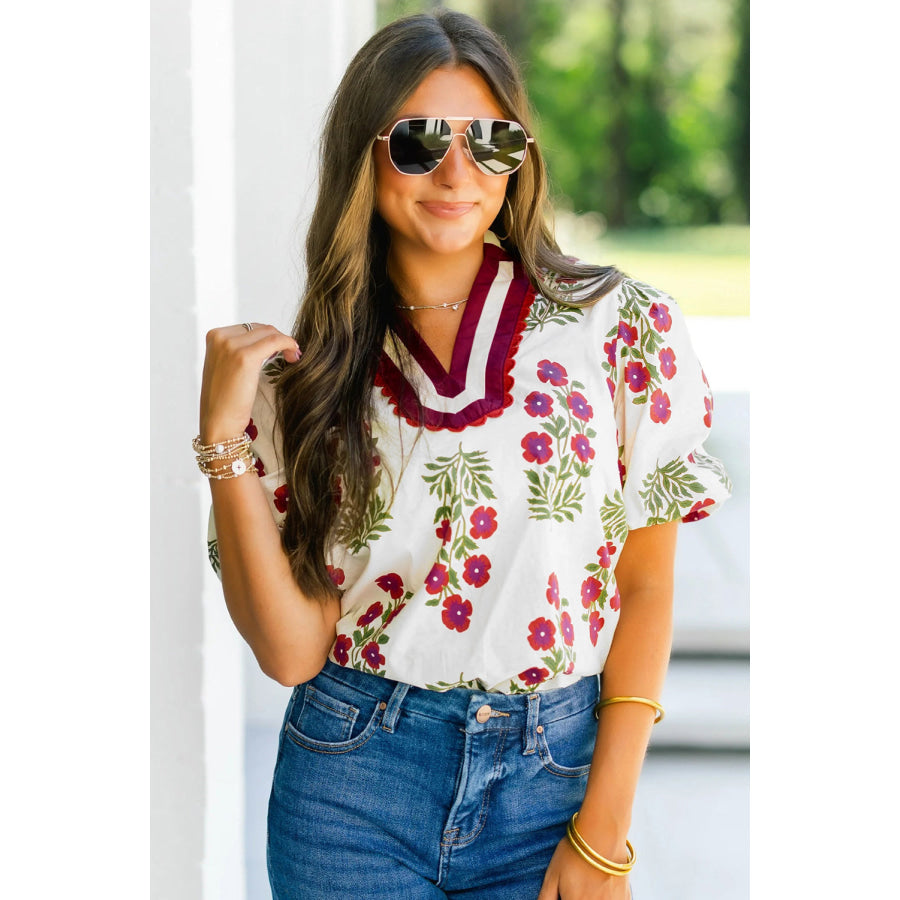 White Floral Short Bubble Sleeve Contrast Slit Neckline Blouse Tops/Blouses & Shirts
