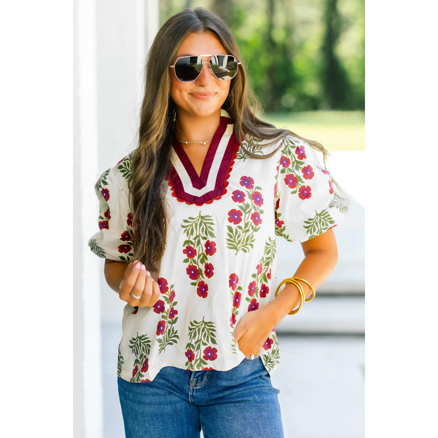 White Floral Short Bubble Sleeve Contrast Slit Neckline Blouse Tops/Blouses & Shirts