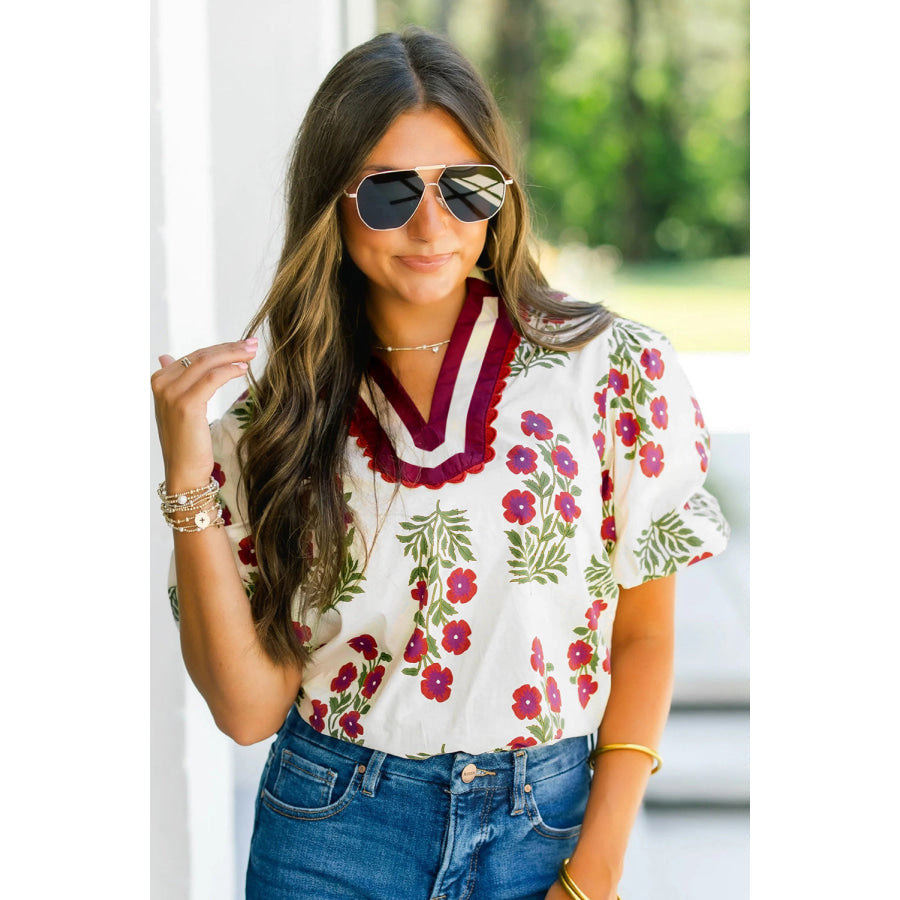White Floral Short Bubble Sleeve Contrast Slit Neckline Blouse Tops/Blouses & Shirts