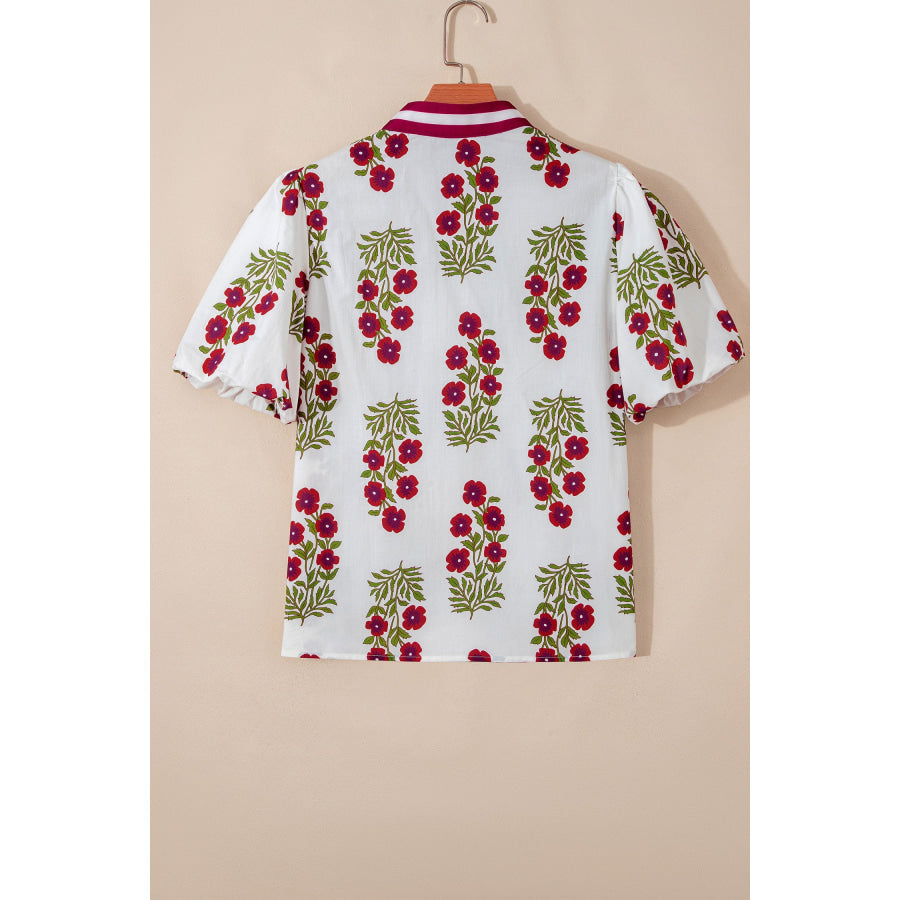 White Floral Short Bubble Sleeve Contrast Slit Neckline Blouse Tops/Blouses & Shirts