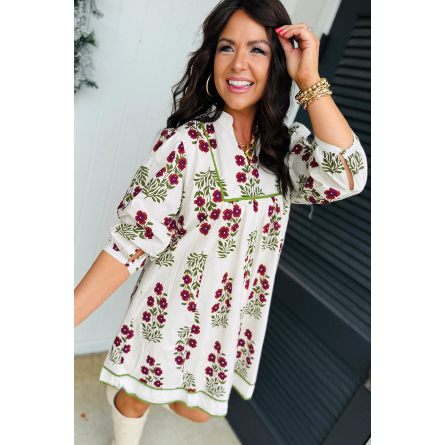 White Frilled V Neck 3/4 Sleeve Loose Floral Dress Dresses/Floral Dresses