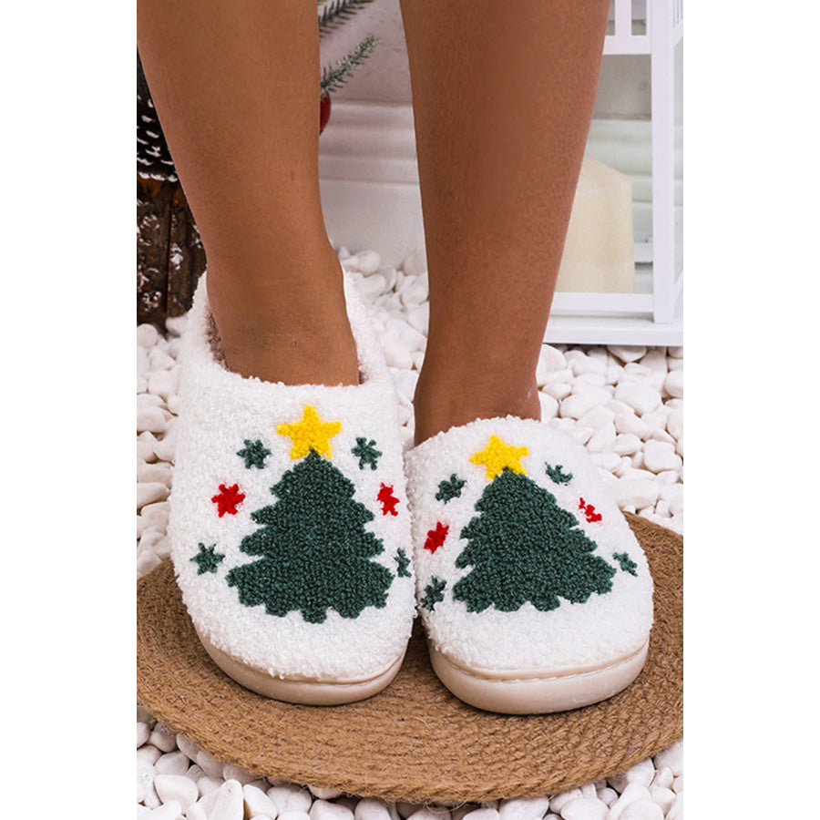 White Fuzzy Christmas Tree Pattern Home Slippers White / 37 / 100% Polyester + 100% TPR Shoes &amp; Bags/Slippers