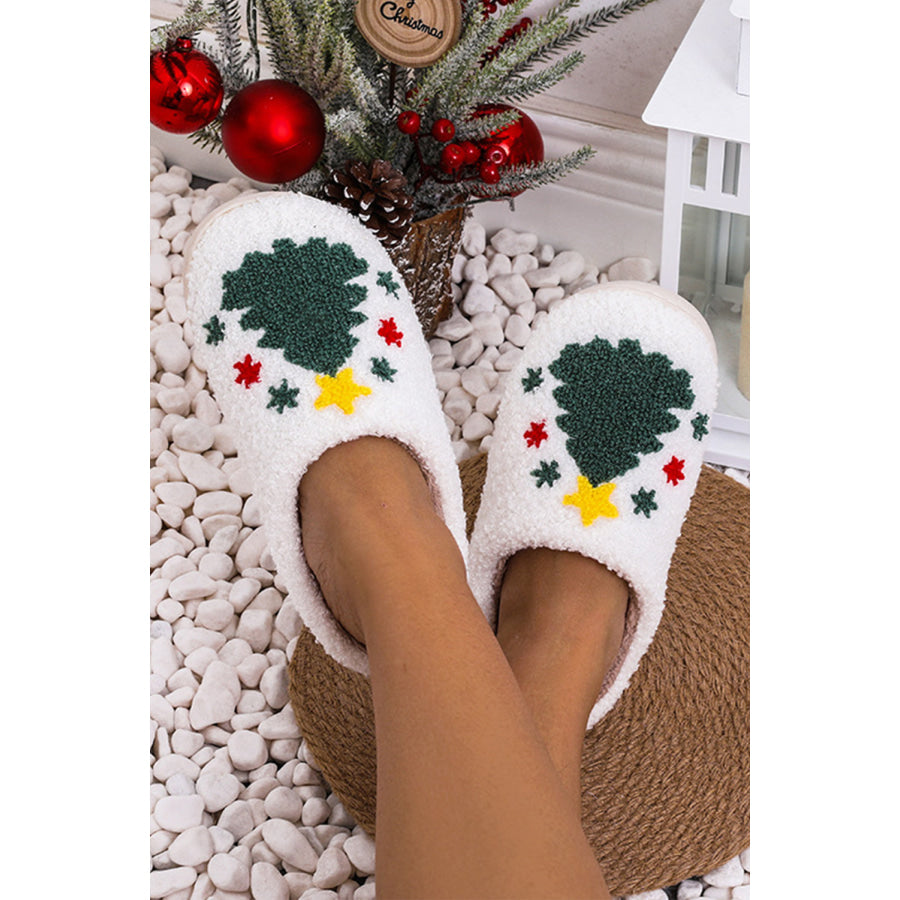 White Fuzzy Christmas Tree Pattern Home Slippers / 37 / 100% Polyester + 100% TPR Shoes & Bags/Slippers