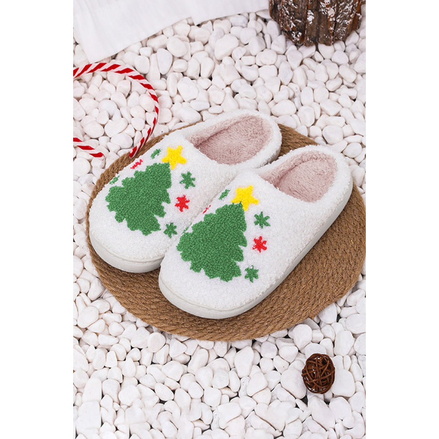 White Fuzzy Christmas Tree Pattern Home Slippers Shoes & Bags/Slippers