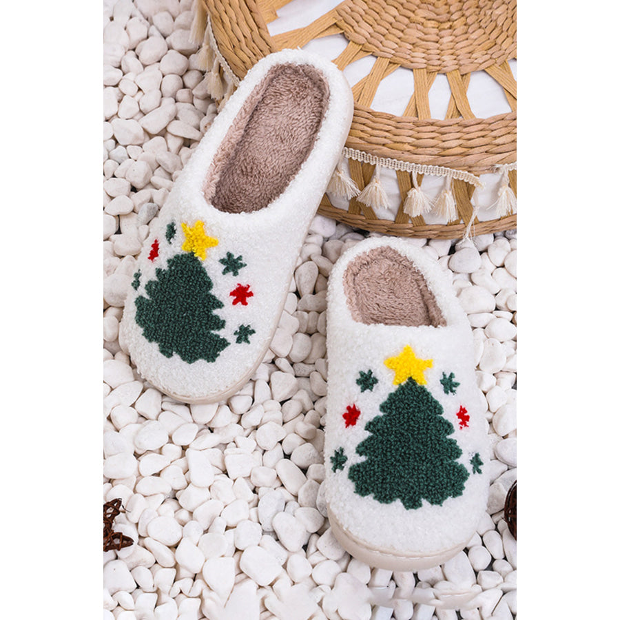 White Fuzzy Christmas Tree Pattern Home Slippers Shoes &amp; Bags/Slippers