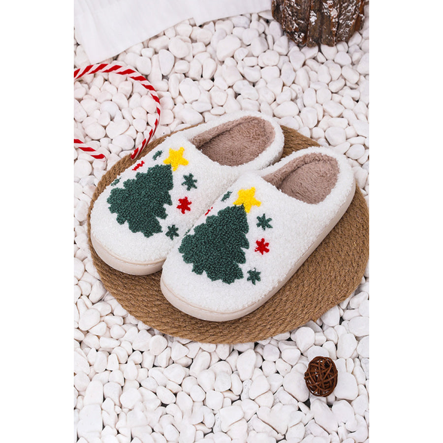 White Fuzzy Christmas Tree Pattern Home Slippers Shoes &amp; Bags/Slippers