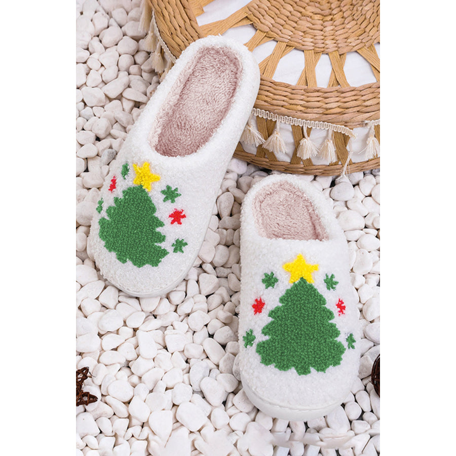 White Fuzzy Christmas Tree Pattern Home Slippers Shoes & Bags/Slippers