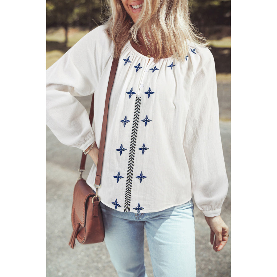 White Geometric Embroidered Long Sleeve Buttoned Blouse White / S / 100% Cotton Tops/Blouses & Shirts