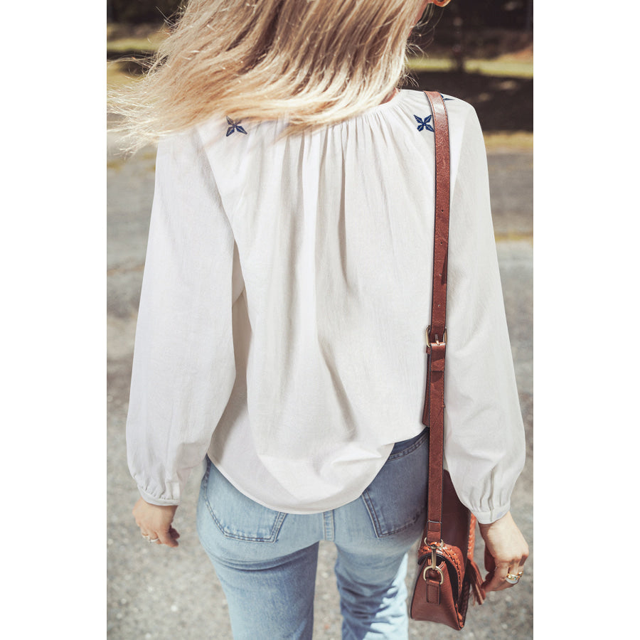 White Geometric Embroidered Long Sleeve Buttoned Blouse Tops/Blouses & Shirts