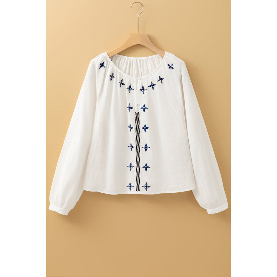 White Geometric Embroidered Long Sleeve Buttoned Blouse Tops/Blouses & Shirts