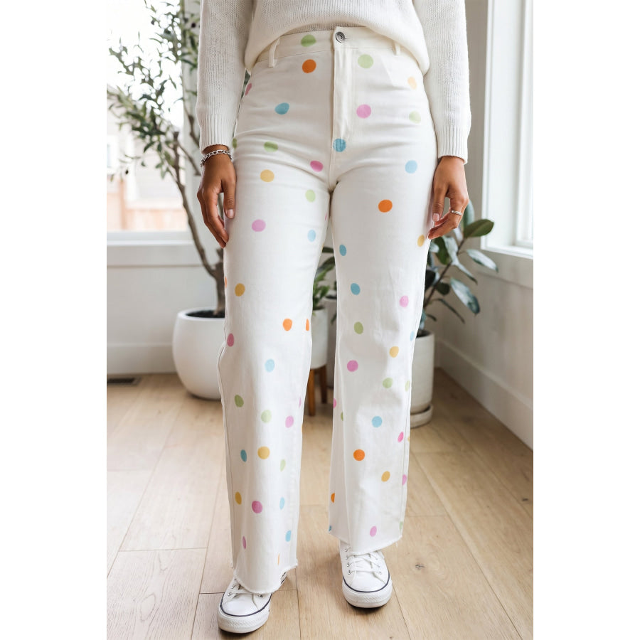 White High Waist Polka Dot Straight Leg Casual Jeans White / 4 Bottoms/Jeans