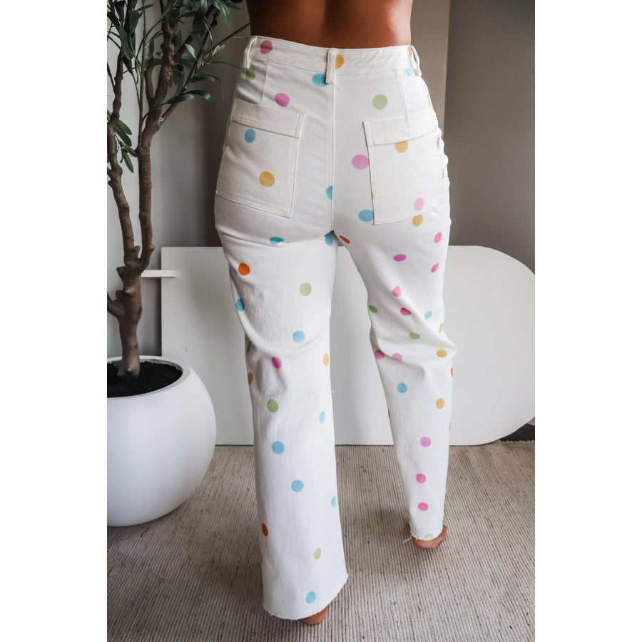 White High Waist Polka Dot Straight Leg Casual Jeans Bottoms/Jeans
