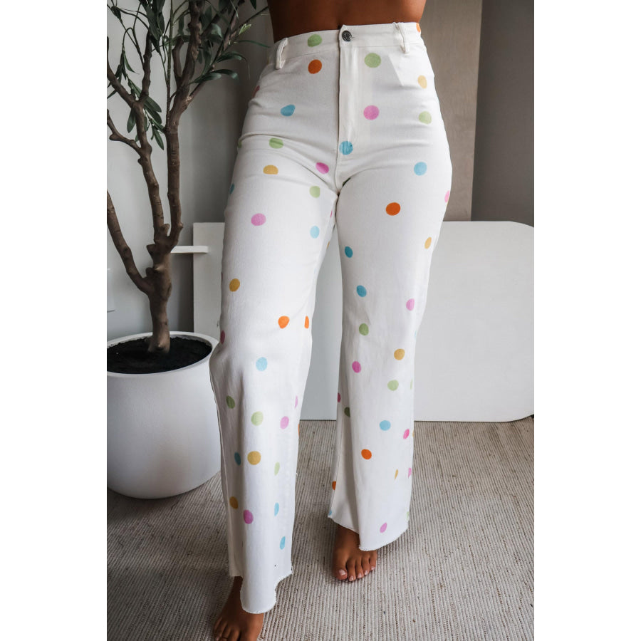 White High Waist Polka Dot Straight Leg Casual Jeans Bottoms/Jeans