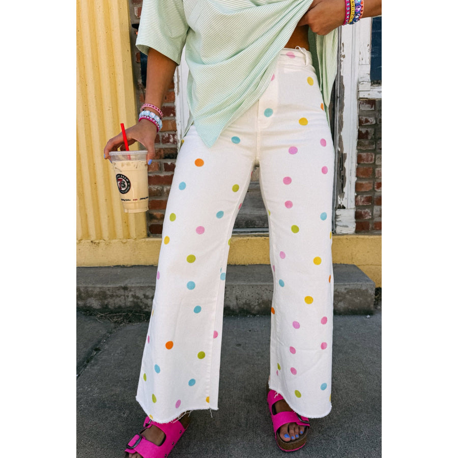 White High Waist Polka Dot Straight Leg Casual Jeans Bottoms/Jeans