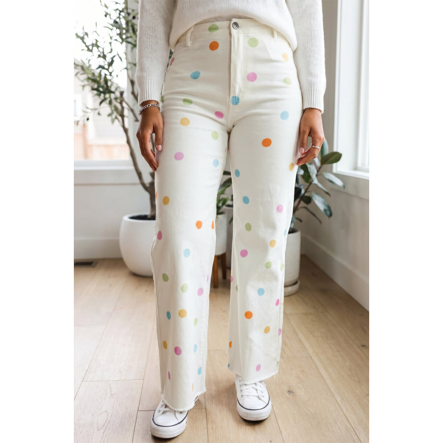 White High Waist Polka Dot Straight Leg Casual Jeans Bottoms/Jeans