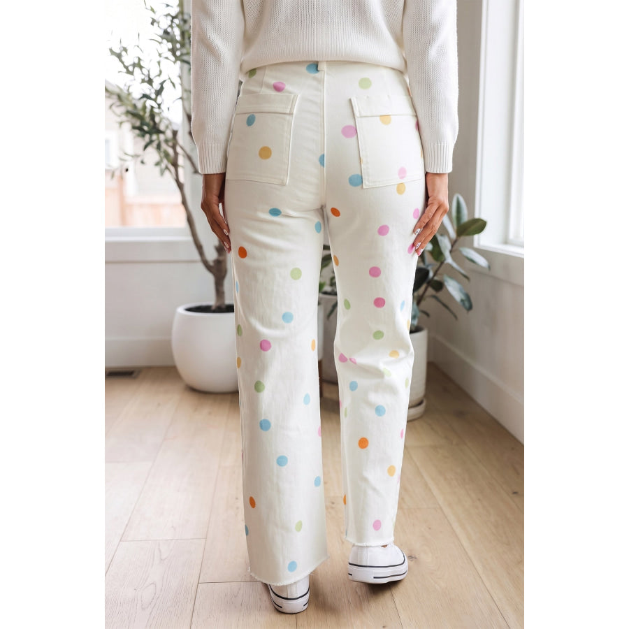 White High Waist Polka Dot Straight Leg Casual Jeans Bottoms/Jeans