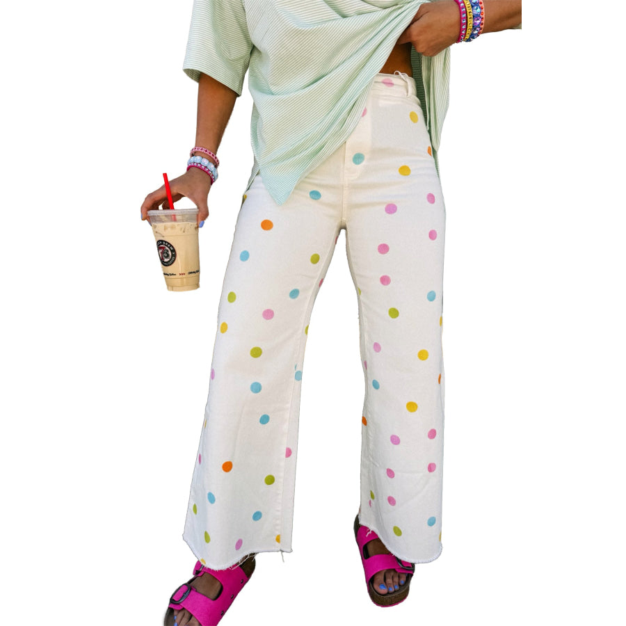 White High Waist Polka Dot Straight Leg Casual Jeans Bottoms/Jeans