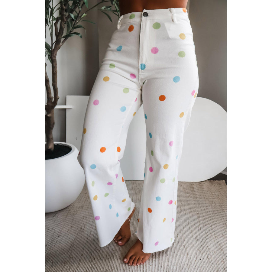 White High Waist Polka Dot Straight Leg Casual Jeans Bottoms/Jeans