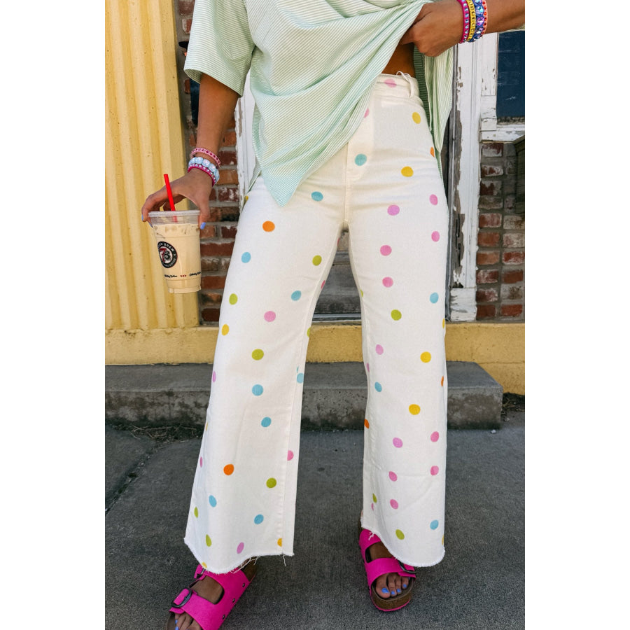 White High Waist Polka Dot Straight Leg Casual Jeans Bottoms/Jeans