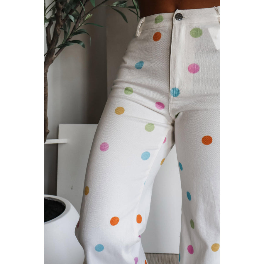 White High Waist Polka Dot Straight Leg Casual Jeans Bottoms/Jeans