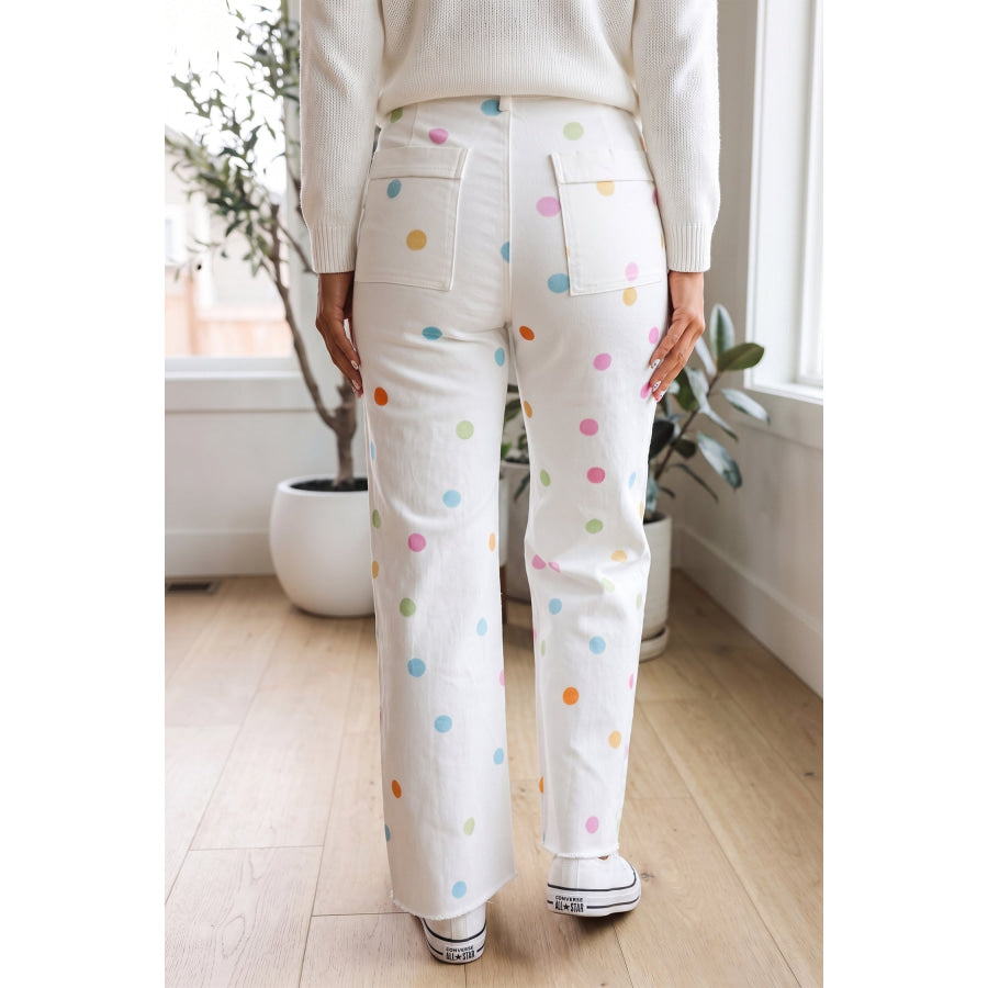 White High Waist Polka Dot Straight Leg Casual Jeans Bottoms/Jeans