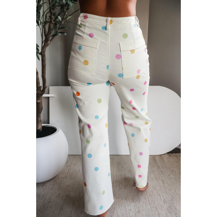 White High Waist Polka Dot Straight Leg Casual Jeans Bottoms/Jeans