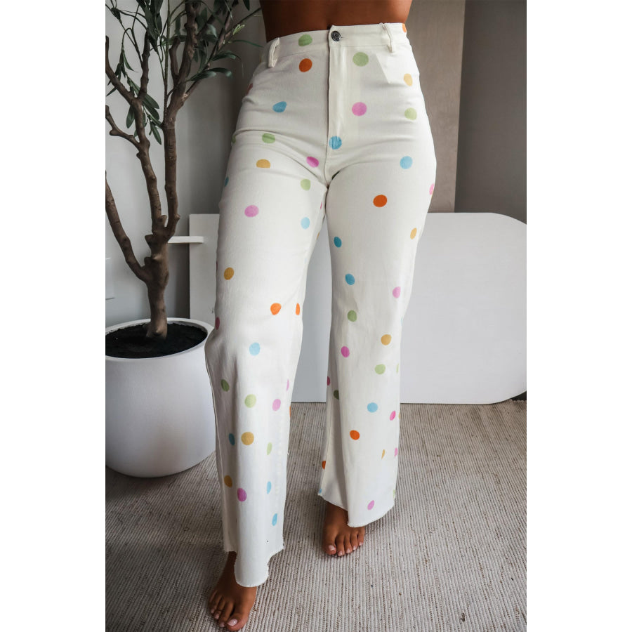 White High Waist Polka Dot Straight Leg Casual Jeans Bottoms/Jeans