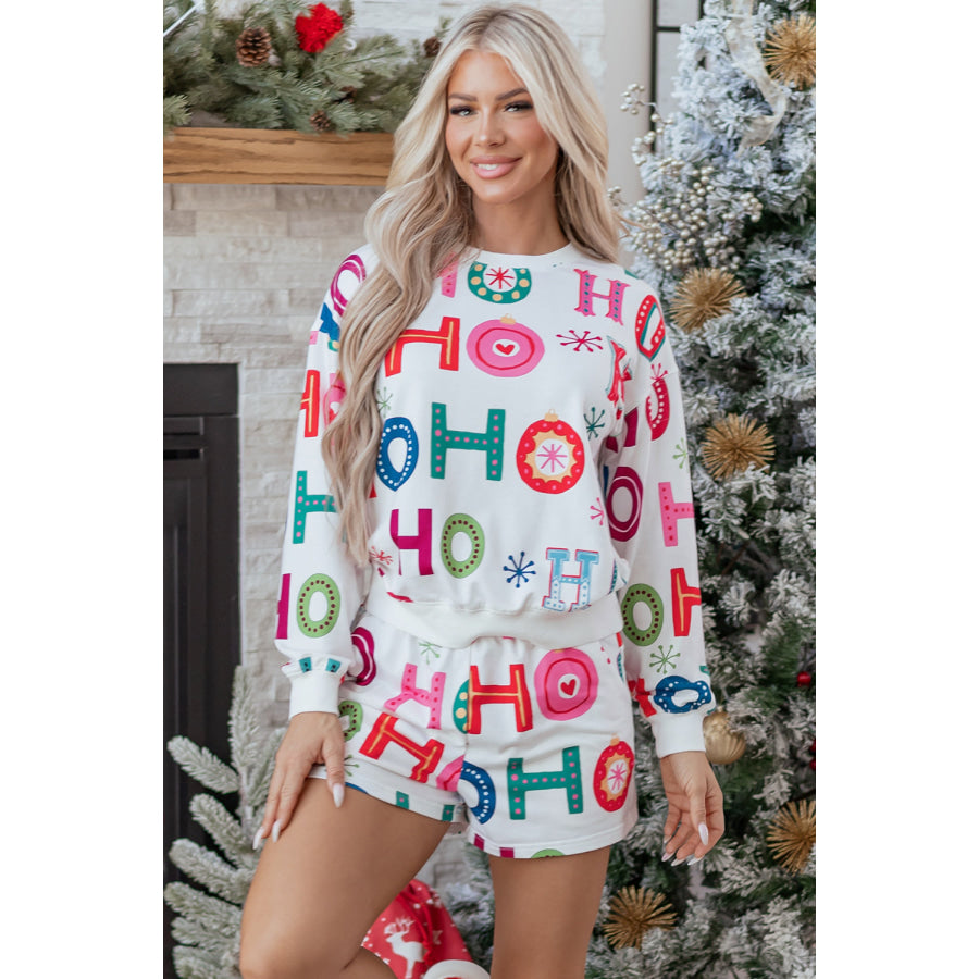 White Ho Ho Ho Christmas Fashion Print 2pcs Lounge Short Set White / S / 95% Polyester + 5% Elastane Loungewear & Sleepwear/Loungewear
