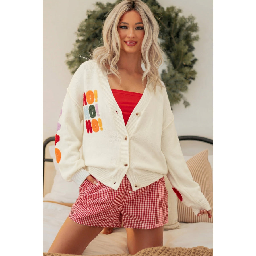 White Ho Slogan V Neck Button Front Embroidered Knit Cardigan Sweaters & Cardigans/Cardigans