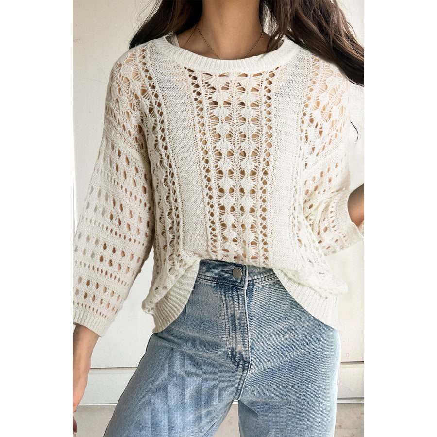 White Hollow Out Knit Bracelet Sleeve Drop Shoulder Sweater White / S / 100% Acrylic Sweaters & Cardigans/Sweaters