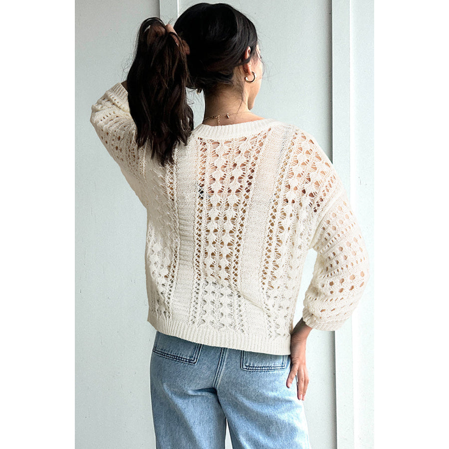 White Hollow Out Knit Bracelet Sleeve Drop Shoulder Sweater Sweaters & Cardigans/Sweaters