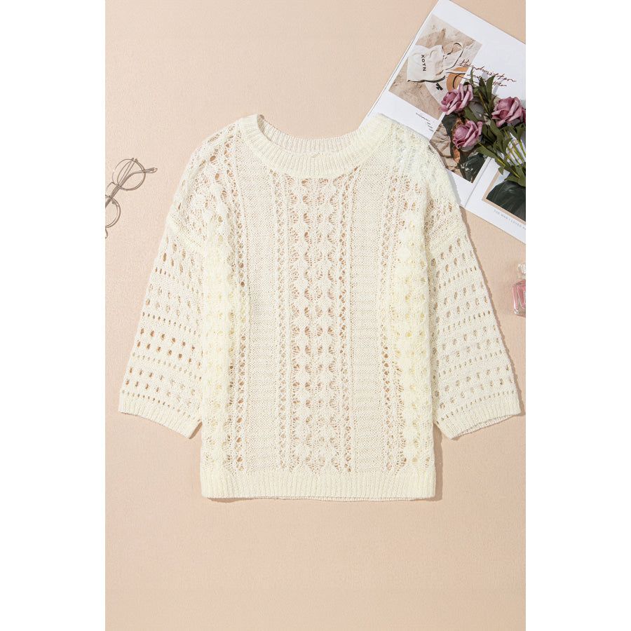 White Hollow Out Knit Bracelet Sleeve Drop Shoulder Sweater Sweaters & Cardigans/Sweaters