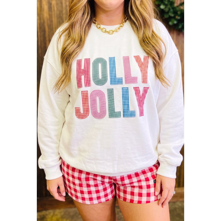 White HOLLY JOLLY Gingham Letter Graphic Plus Size Christmas Sweatshirt / 1X / 65% Polyester + 35% Cotton Size/Plus Sweatshirts & Hoodies