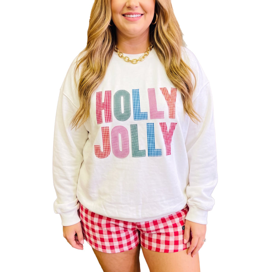 White HOLLY JOLLY Gingham Letter Graphic Plus Size Christmas Sweatshirt Size/Plus Sweatshirts & Hoodies