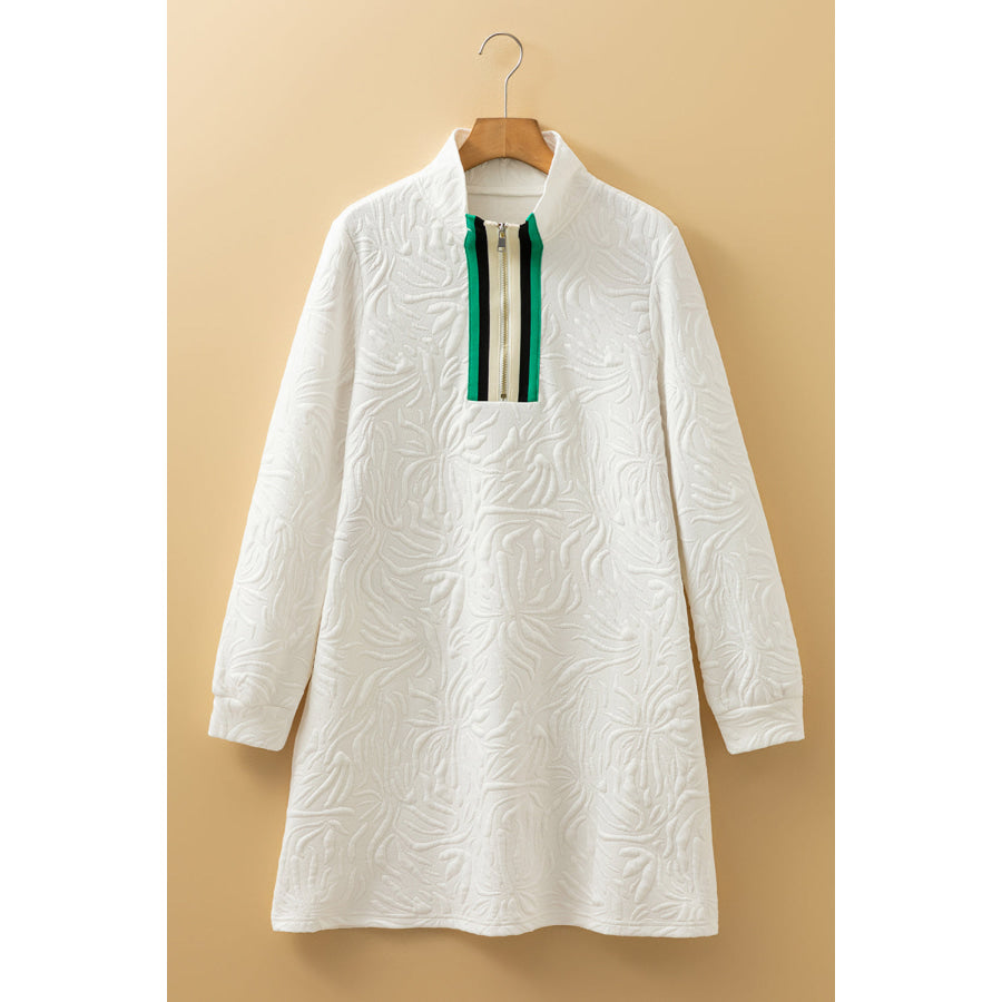 White Jacquard Textured Quarter Zipper Shift Mini Dress Dresses/Mini Dresses