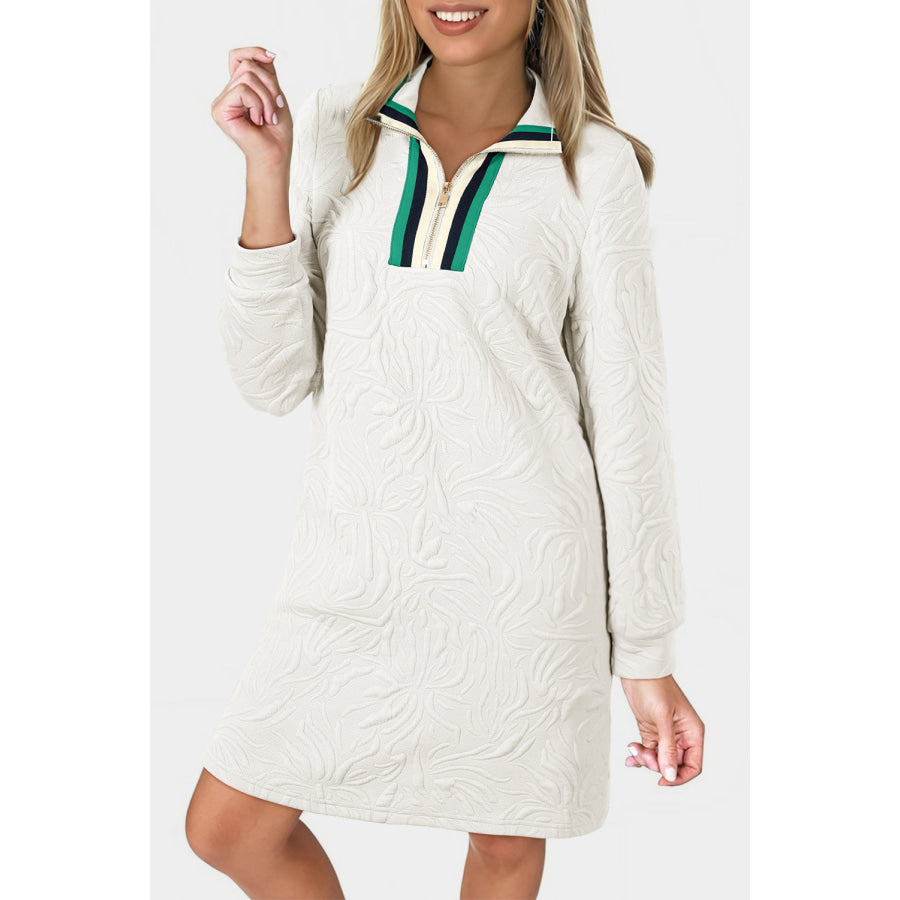 White Jacquard Textured Quarter Zipper Shift Mini Dress White / S / 97% Polyester + 3% Elastane Dresses/Mini Dresses