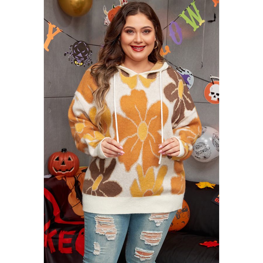 White Large Flower Knitted Drawstring Hooded Plus Size Sweater White / 1X / 42% Acrylic + 30% Polyester + 28% Polyamide Sale (50% OFF)/Sale