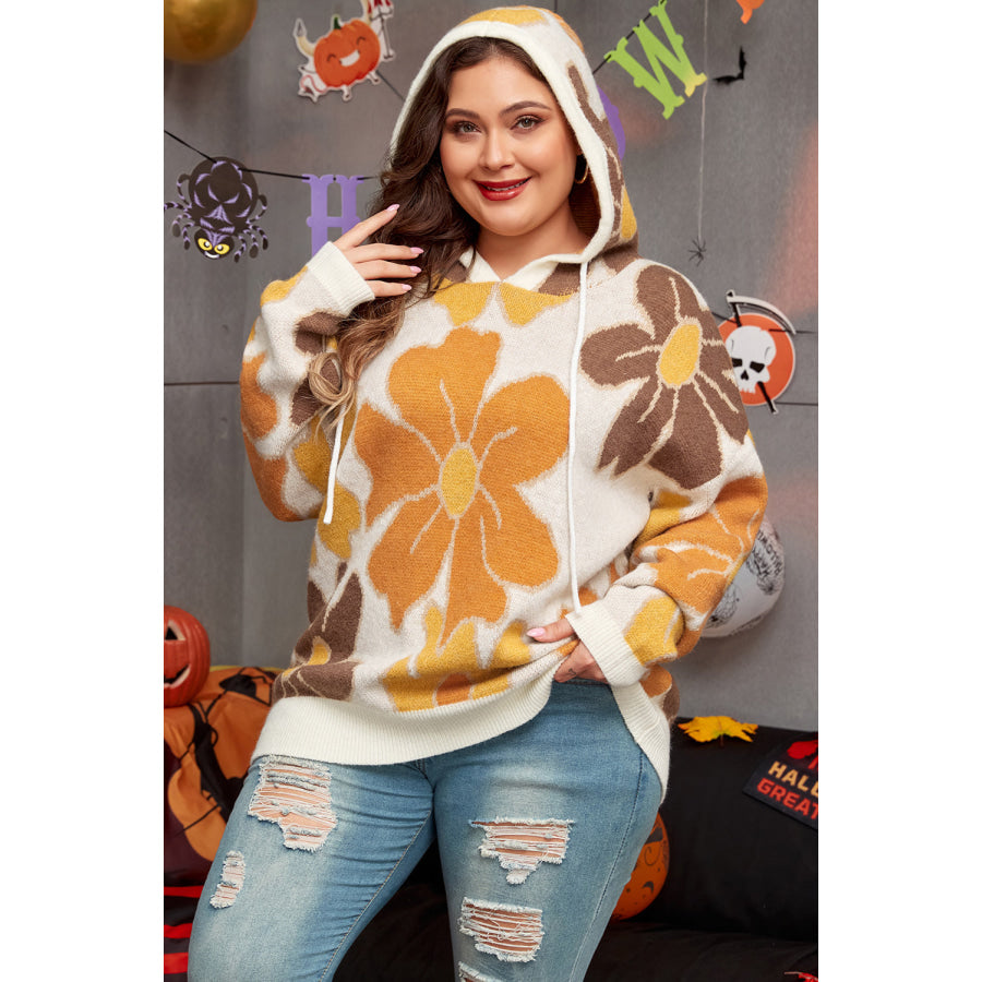 White Large Flower Knitted Drawstring Hooded Plus Size Sweater Sale (50% OFF)/Sale OFF)