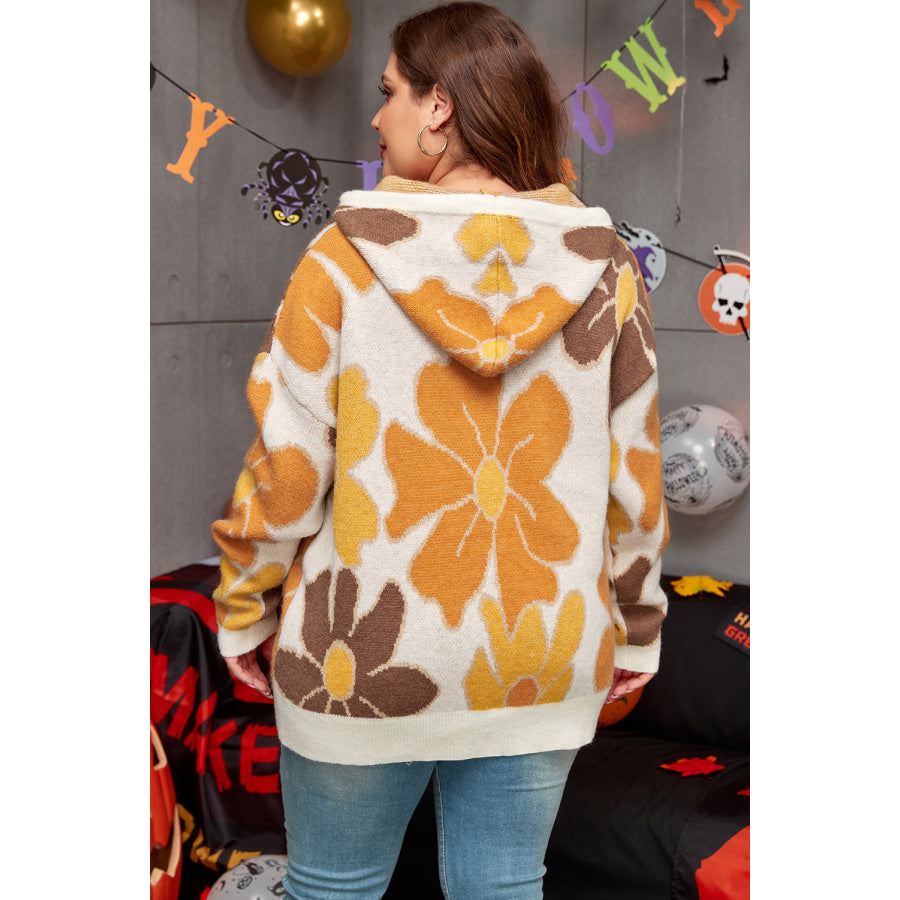 White Large Flower Knitted Drawstring Hooded Plus Size Sweater Sale (50% OFF)/Sale OFF)