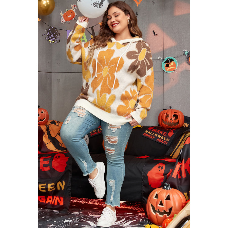 White Large Flower Knitted Drawstring Hooded Plus Size Sweater Sale (50% OFF)/Sale OFF)