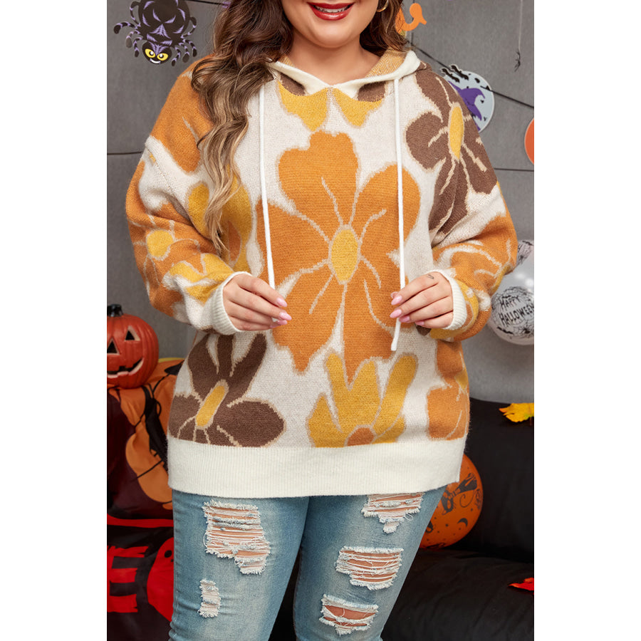 White Large Flower Knitted Drawstring Hooded Plus Size Sweater Sale (50% OFF)/Sale OFF)