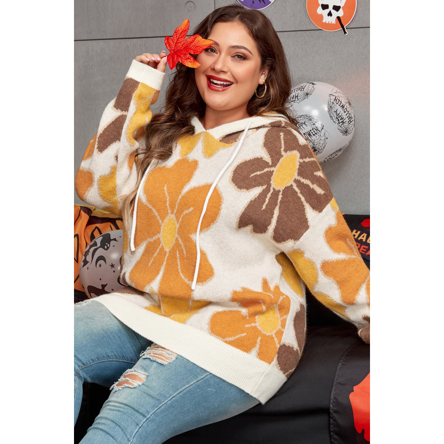 White Large Flower Knitted Drawstring Hooded Plus Size Sweater Sale (50% OFF)/Sale OFF)