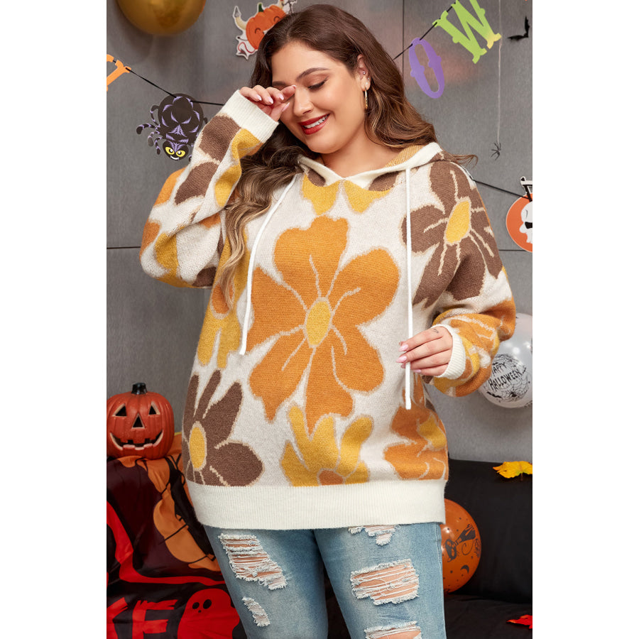 White Large Flower Knitted Drawstring Hooded Plus Size Sweater Sale (50% OFF)/Sale OFF)